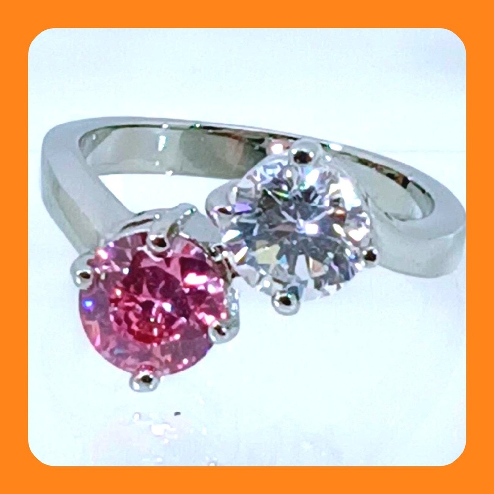 Vintage Toi et Moi 2.0ct Pink and Clear Round Cut Bypass Ring Silver Tone Size 7